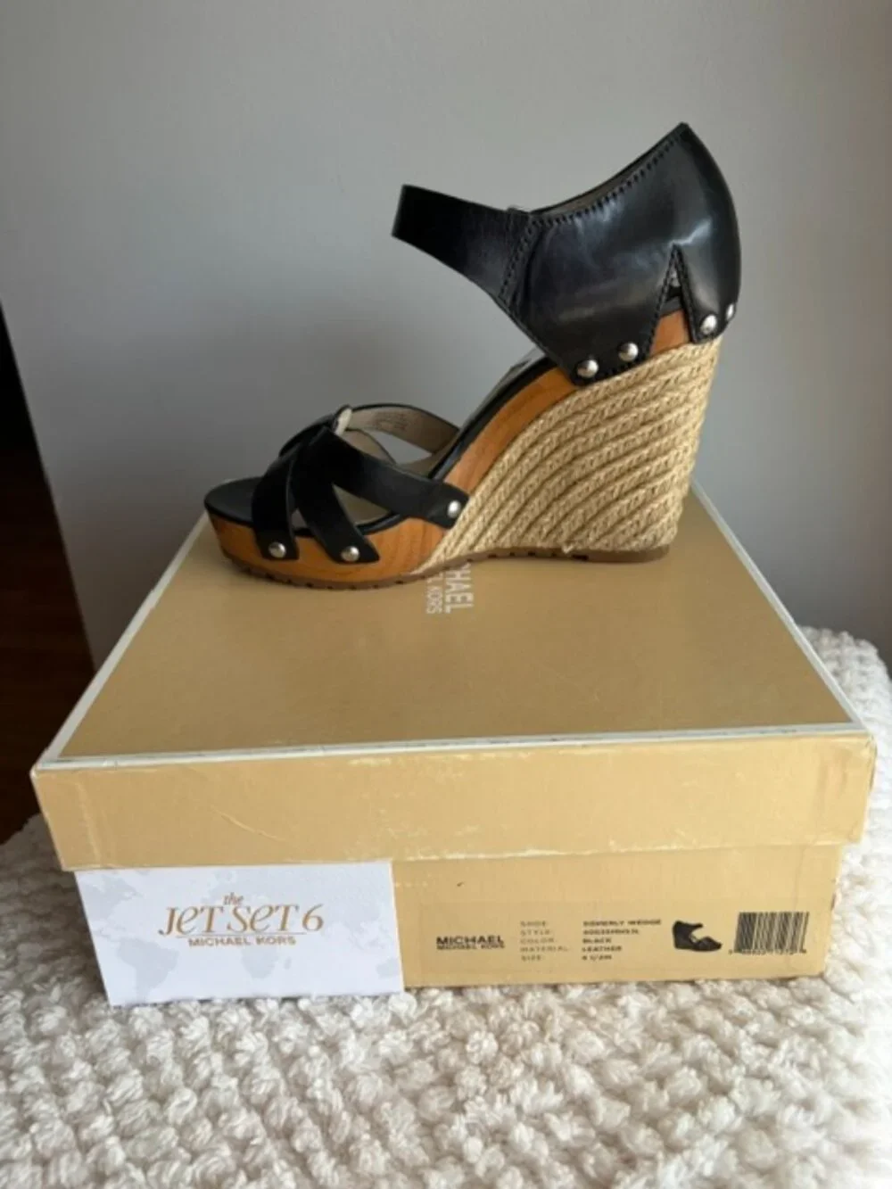 🖤 Michael Kors Somerly Black Leather Espadrille Wedge Sandals 8.5